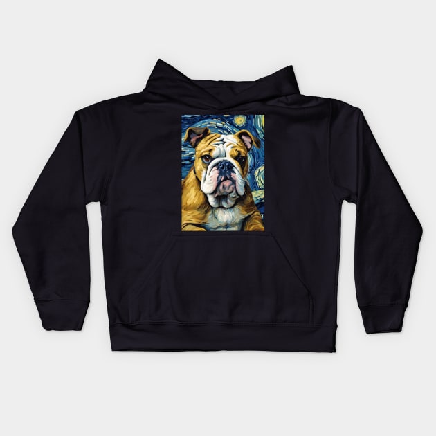 English Bulldog Dog Breed Painting in a Van Gogh Starry Night Art Style Kids Hoodie by Art-Jiyuu